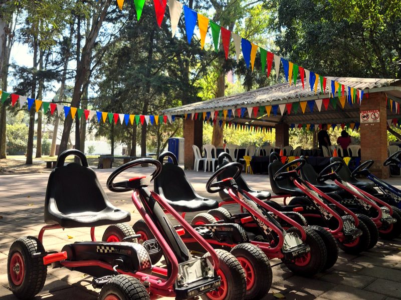Go karts en fila bajo banderines de colores en un parque